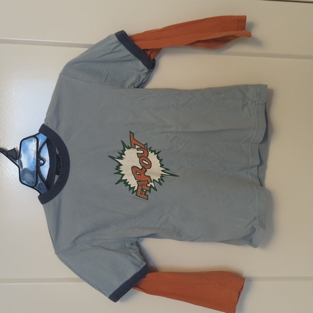 Mini Boden boys long sleeve blue and orange shirt with "farout" design Sz 7-8